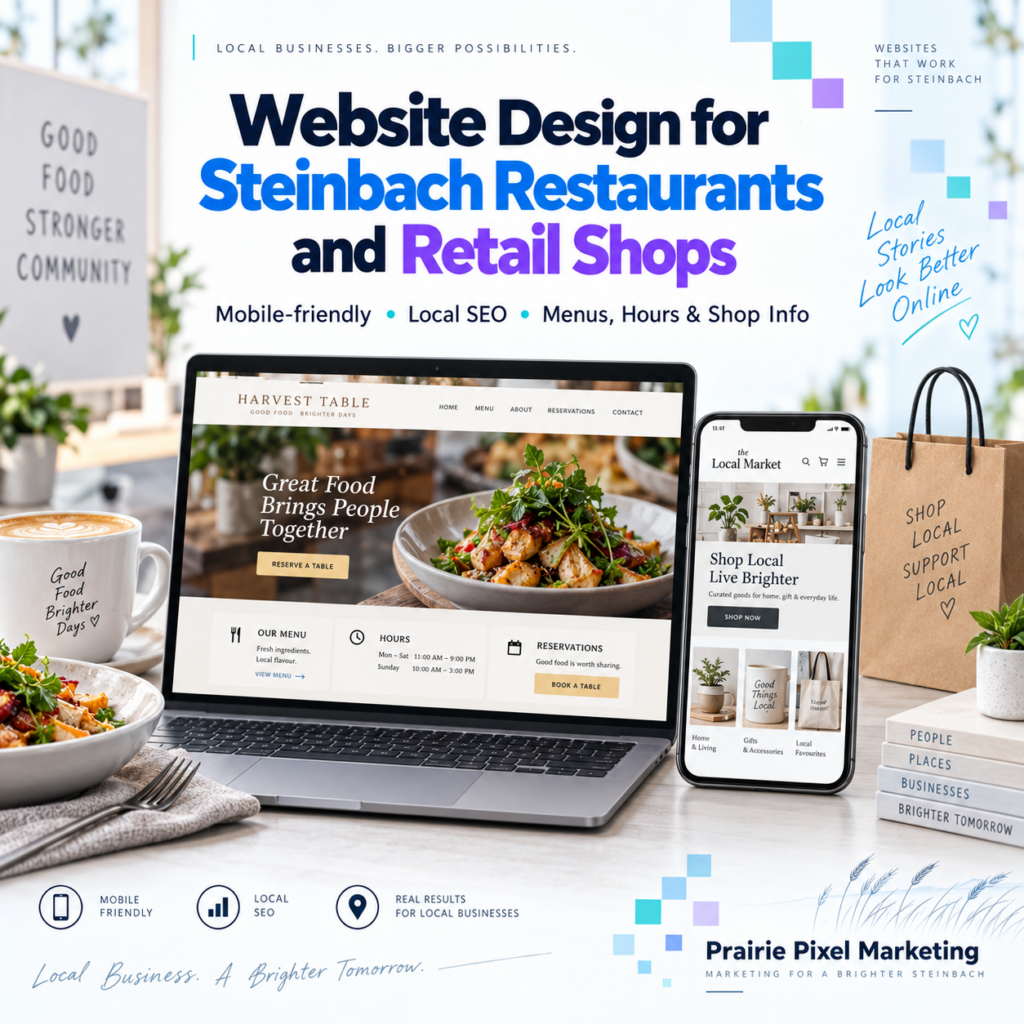 Website design for Steinbach restaurants and retail shops by Prairie Pixel Marketing, featuring mobile-friendly local business websites for food and retail.