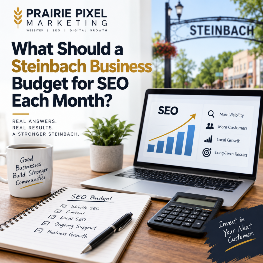 SEO budget planning for Steinbach businesses by Prairie Pixel Marketing, featuring digital marketing strategy, search rankings, and monthly SEO investment.